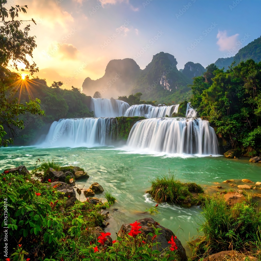 Fototapeta premium Cascading waterfall flowing into a turquoise river during a sunrise