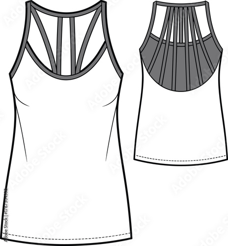 Women's Racerback Tank Top Technical Flat Sketch Vector Illustration Strappy Back Detail Athletic Sports Apparel Template Fitness Design.