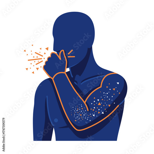 A blue stylized figure properly covers a cough or sneeze with their elbow, illustrating airborne particle spread and potential allergic skin reactions.
