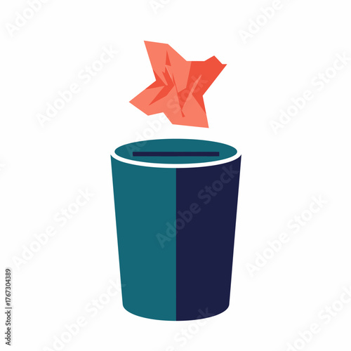 A crumpled piece of red paper is being discarded into a dark blue waste bin, symbolizing concepts of waste, error, and disposal.