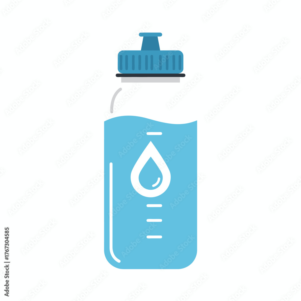 Fototapeta premium A sleek, minimalist vector illustration of a blue water bottle, featuring a visible liquid level and a prominent water droplet icon, symbolizing essential hydration.