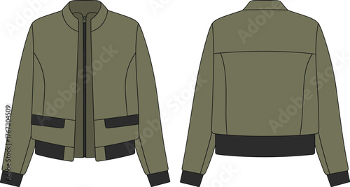 Unisex Bomber Jacket Technical Flat Sketch Vector Illustration Olive Green Cropped Fit Ribbed Cuffs Collar Zipper Streetwear Apparel.
