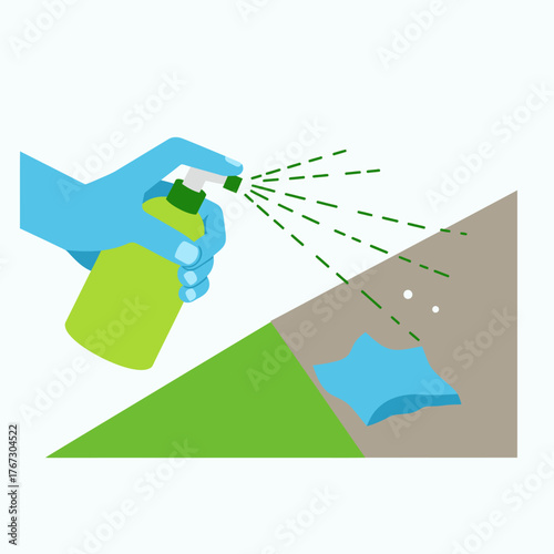 A gloved hand expertly applies disinfectant spray to a surface, ensuring thorough sanitation and cleanliness with a blue microfiber cloth nearby for effective wiping.