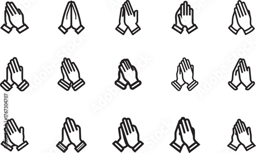 Collection of praying hands icons representing faith and devotion in religion