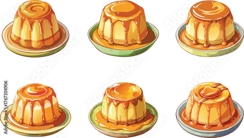Collection of Creamy Caramel Flan Pudding Desserts on Plates for Creative Foodies