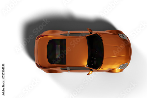 A 3D-rendered image of an orange colored sports car, captured from a top-down bird's-eye view against a transparent background