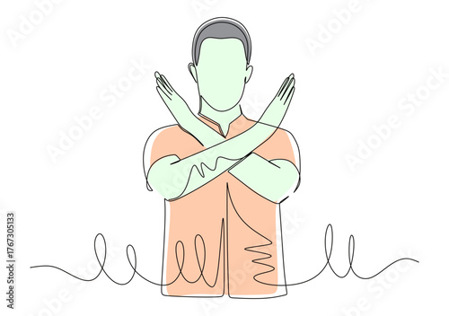 Continuous line art of a man crossing his arms in a gesture of rejection. Vector illustration with various colors.