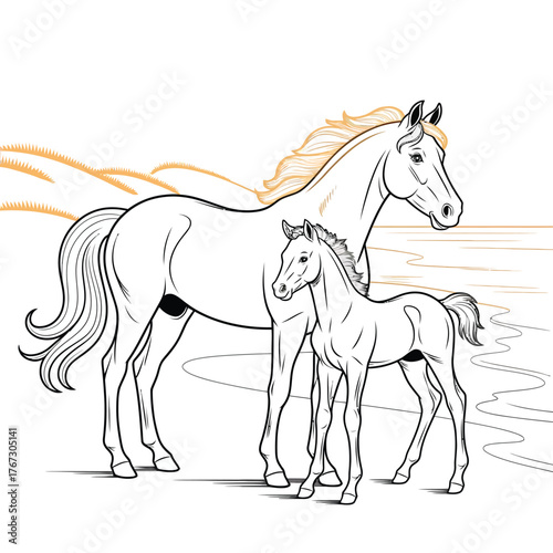 Captivating black and white line drawing vector illustration of a majestic horse and its adorable foal in a scenic landscape ready for eps download silhouette