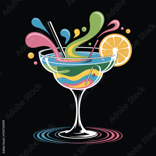 Colorful cocktail with straws orange slice and ripples drink beverage