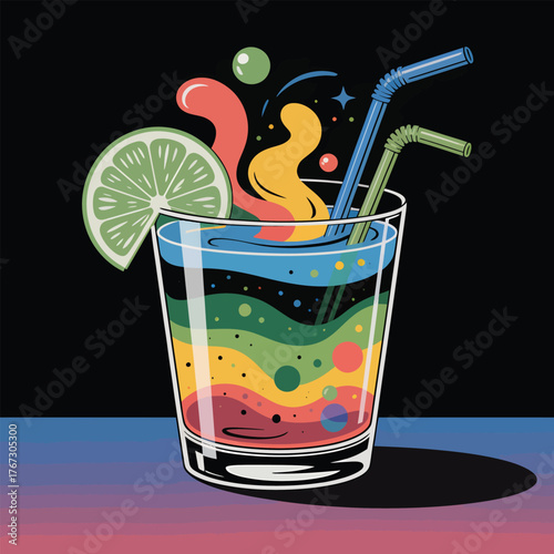 Colorful layered drink with straws and lime slice beverage cocktail