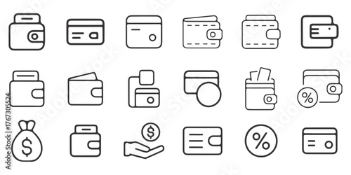 Collection of hand drawn outline icons representing wallets credit cards and money bags