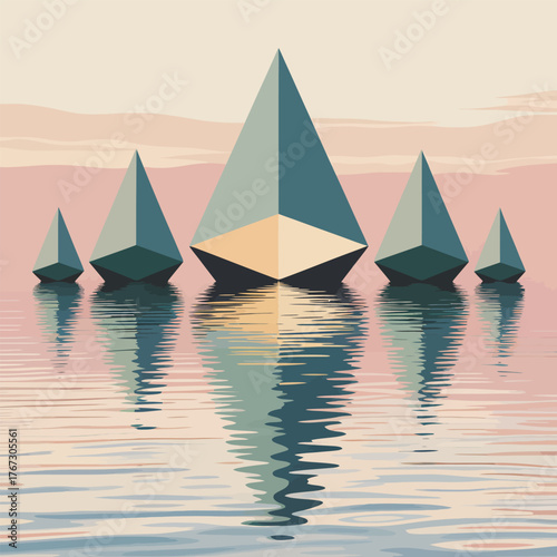 Five Geometric Pyramids Reflected in Rippling Water at Sunset reflection ripples