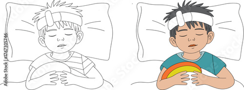 Sick boy sleeping with hot water bag illustration, fever care child clipart, coloring and colored version, resting boy in bed