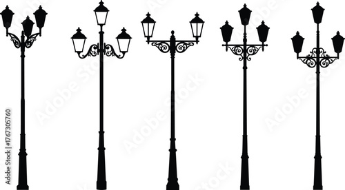  Vintage street lamp silhouettes, ornate lantern designs, decorative urban lighting elements, classic wrought iron poles, black vector illustration for architecture, cityscape, and design inspiration