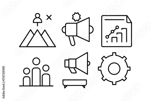 Business and Strategy Icons Line Art with Megaphone and Gear Keywords: business, strategy, icon, line art, outline, megaphone, gear, cogwheel
