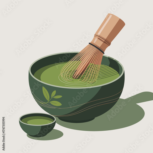 Matcha tea preparation with bamboo whisk and decorative bowl on light background Keywords