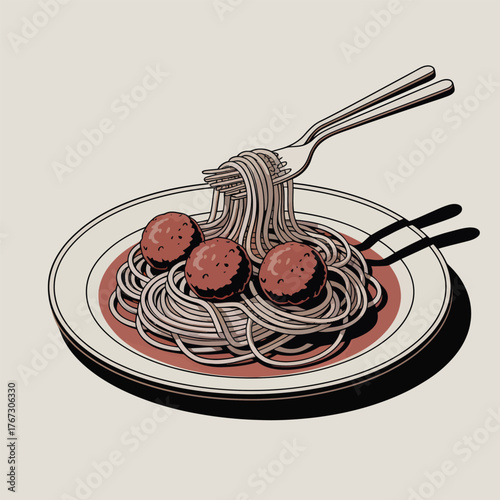 Spaghetti with meatballs and fork on a plate with sauce and shadow Keywords: spaghetti