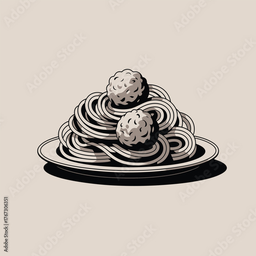 Spaghetti with meatballs on a plate with shadow in monochrome style Keywords: spaghetti