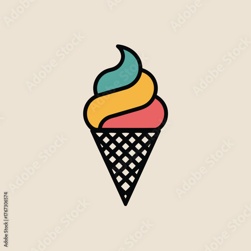 Swirled ice cream cone with pink yellow and blue flavors Keywords: ice cream, cone, dessert