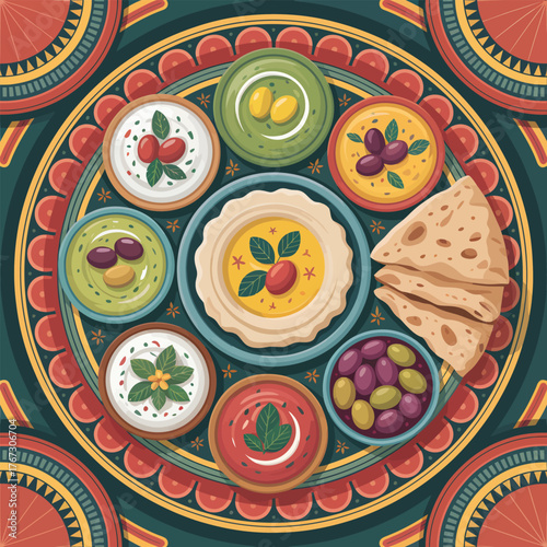 Top Down View of Mezze Platter with Hummus Olives and Pita Bread image photo