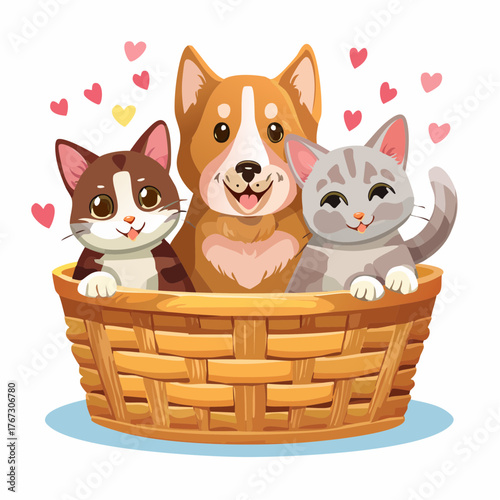cats and dog in basket