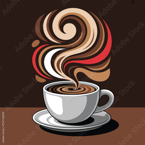 White coffee cup with swirling steam and brown background saucer