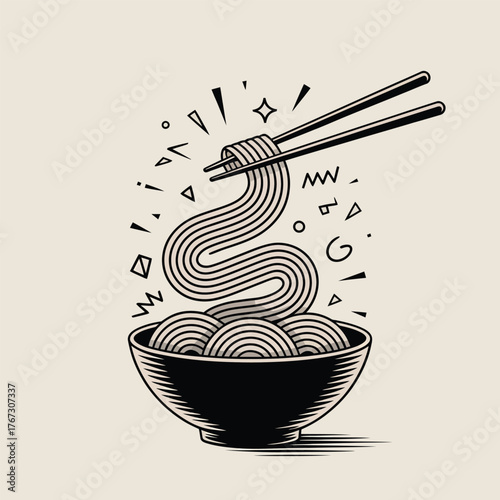 Black and white illustration of noodles being lifted with chopsticks Keywords: noodles, ramen