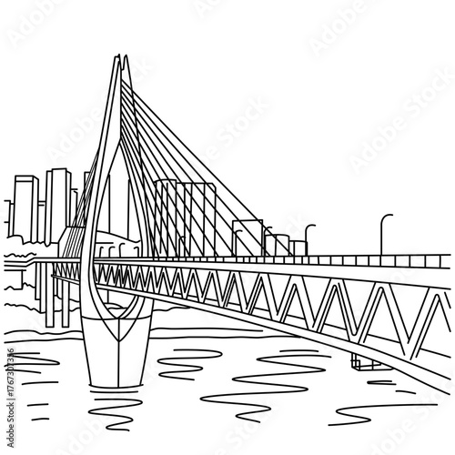 Vector line of bridge,Beautiful simple cable-stayed bridge design,Black and white hand drawing of bridge.Vector illustration