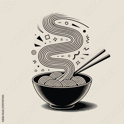 Black and white illustration of steaming noodles being lifted with chopsticks Keywords: noodles