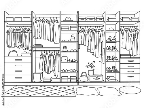 Wardrobe vector line art,Closet full of clothing, Shoes, Bags, Accessories. Open cupboard with garment rail, boxes, ordered folded stuff, Simple style hand drawn ,Vector illustration