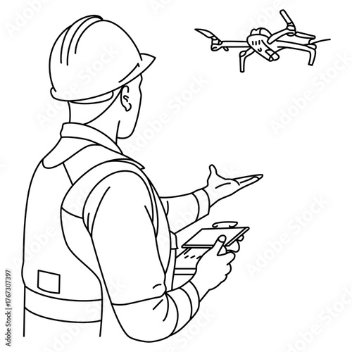 Hand-drawn line art of engineer operating drone with remote control at construction site, Engineer operating a drone to inspect, Aerial survey,Vector illustration. Line art of bible editable troke