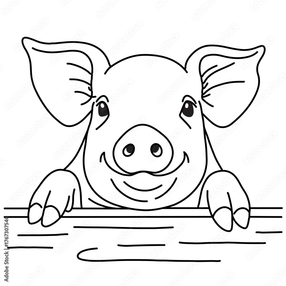 Obraz premium Vector of face pig portrait line art drawing on white background,Simple style hand drawn portrait of farm animal, Minimalist black and white design in realistic style,Vector illustration 