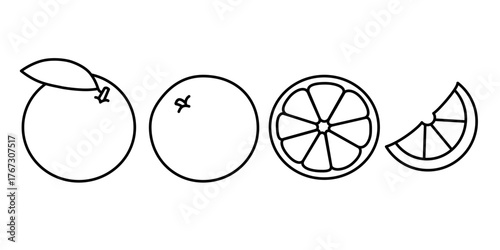 Vector orange fruit line art drawing  ,Orange fruit with leaves, half and slices isolated on white background.Simple style hand drawn orange fruit ,Minimalist black and white design