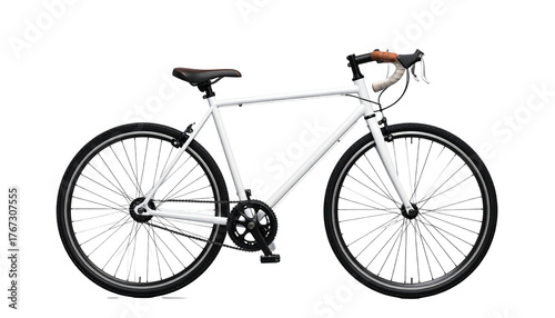 White bicycle with black wheels and a brown seat and handlebar grips against a black backdrop