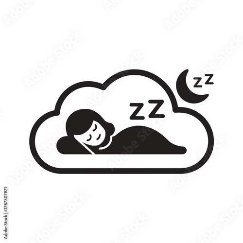 Minimalist black and white flat icon vector illustration of a person sleeping peacefully on a cloud with moon and zzz symbols silhouette