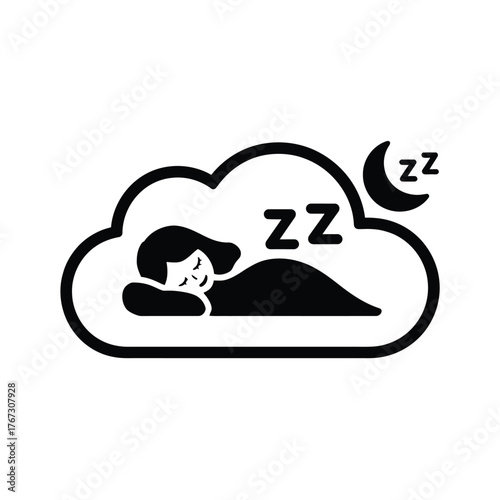 Minimalist black and white flat icon of a person sleeping in a cloud with moon and zzz symbols vector eps scalable silhouette