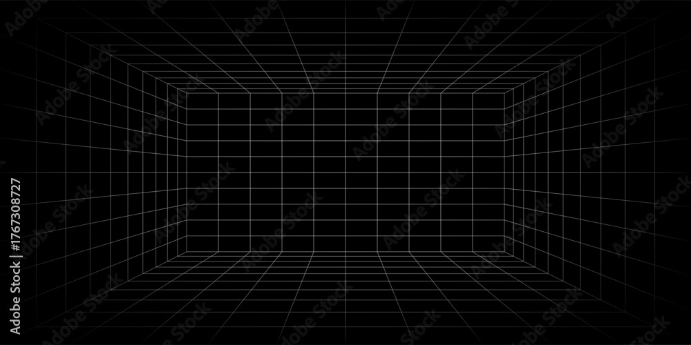 Naklejka premium Empty futuristic digital box room grey-black background with white grid space line color surface. Network cyber technology. banner, cover, terrain, sci-fi, wireframe, and related to background.Print