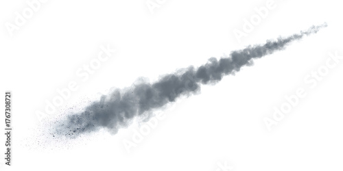 A trail of dark smoke or dust particles moving diagonally across a white background