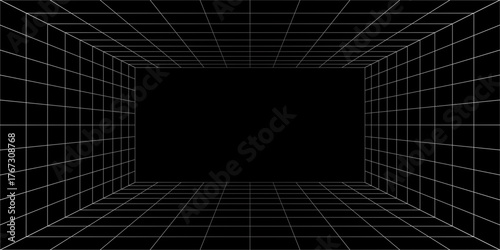 Empty futuristic digital box room grey-black background with white grid space line color surface. Network cyber technology. banner, cover, terrain, sci-fi, wireframe, and related to background.Print