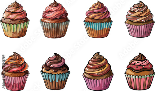 Watercolor Cupcakes Collection with Various Flavors and Colorful Decorative Designs