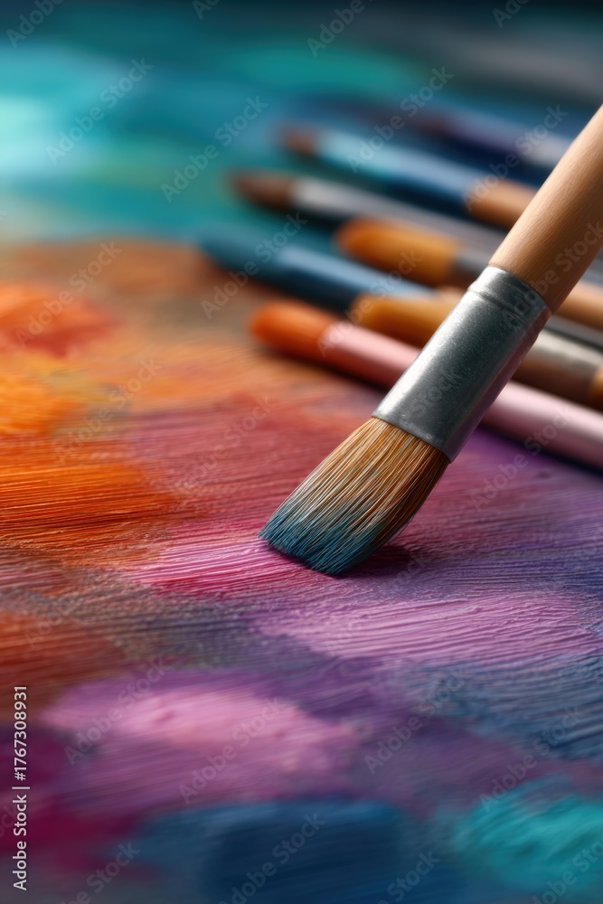 Fototapeta premium A vibrant close-up of a paintbrush resting on a colorful palette filled with rich hues, This image is perfect for art-related projects, tutorials, or promoting creativity and artistic expression,