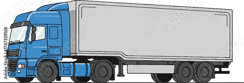 Blue semi-truck and white cargo trailer illustration, side view. Commercial heavy goods vehicle for logistics and freight.