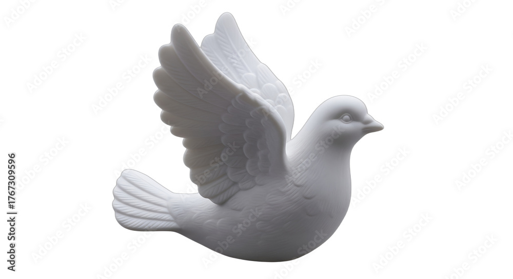 Obraz premium White dove figurine, embodying peace, hope, and purity, isolated on white & transparent background. Ideal for wedding invitations, funeral programs, Easter, Christmas, baptism cards,