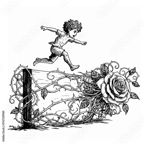 Leaping Over Thorns A Boy's Adventure with Roses and Barriers