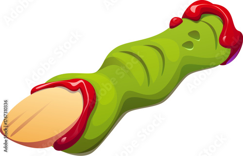 Cartoon Halloween candy green severed finger with red icing. Sweet cookie finger covered in strawberry jam with nut nail. Vector scary snack for Halloween desserts and party treats