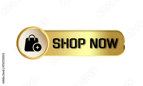 Shop now button - Golden round metallic glossy shop now button with white font and shopping bag icon.