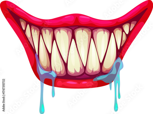 Cartoon monster mouth with sharp vampire fangs dripping blue slime and saliva. Creepy Halloween smile showing evil teeth, red lips, and spooky grin. Vector scary character with dripping drool
