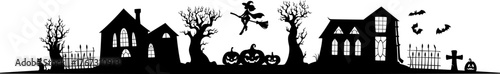 Halloween scary haunted house, vampire old mansion silhouette. Horror scary haunted home, Halloween spooky mansion vector silhouette with witch flying on boom, dead trees, pumpkins and cemetery graves