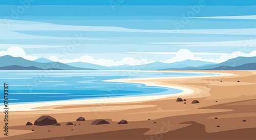 A serene coastal landscape featuring a sandy beach, calm ocean, and distant mountains under a blue sky.