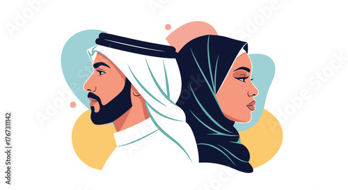 A stylish vector illustration showing an Arab man in ghutra and a woman in hijab, positioned back-to-back, symbolizing cultural identity and partnership.
